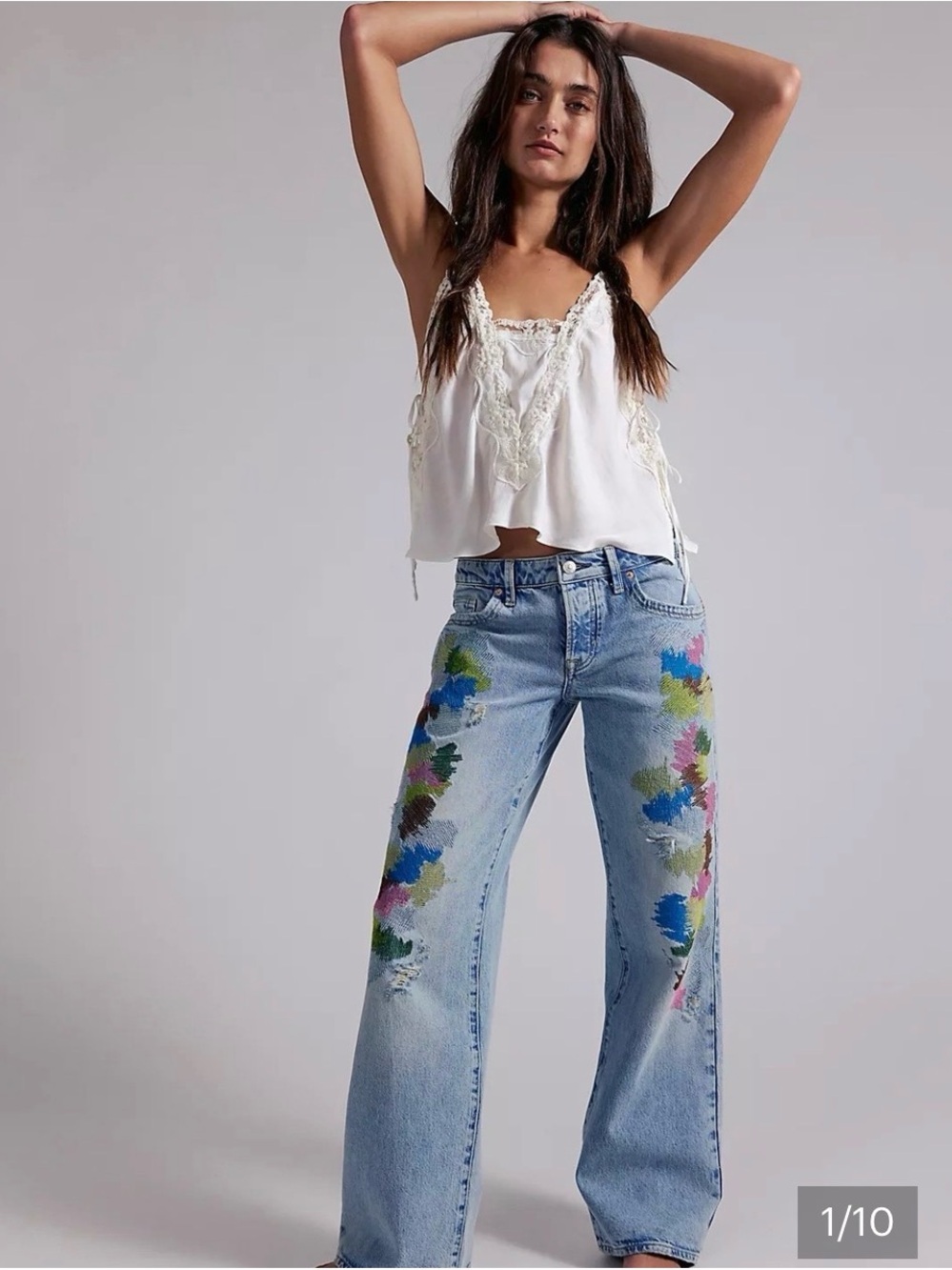 Free People Light Blue Wide-Leg Jeans with Colorful Paint Detail